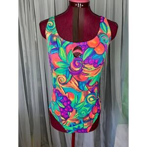 one piece swimsuit Vintage 1980s bright orange green purple